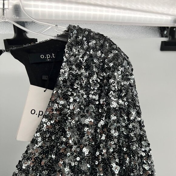 O.P.T Sequin Mini Dress Long Sleeve V-Neck Silver Open Back Size Medium New - Picture 3 of 9